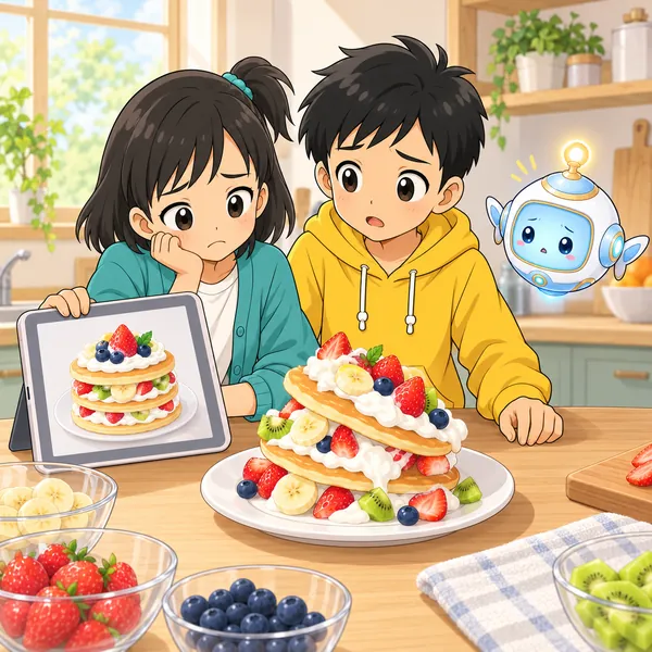 かたむいたケーキを写真と見くらべて、ミオがしょんぼりしている。