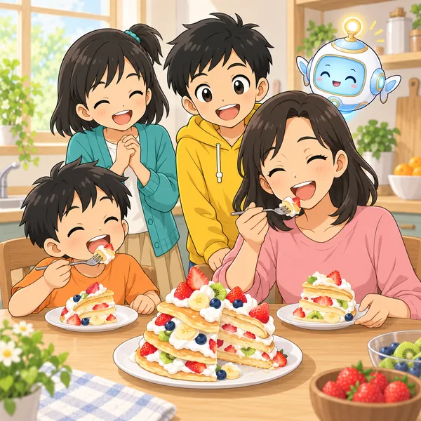 ミオの弟とお母さんがケーキをおいしそうに食べ、ミオもハルもAIロボットも笑顔になっている。