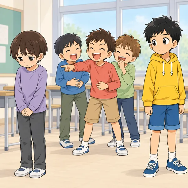 教室。数人が一人の子をからかって笑っている