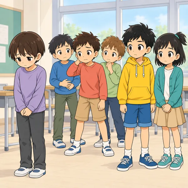 ミオも笑わずに立ち、まわりの笑い声が小さくなっていく