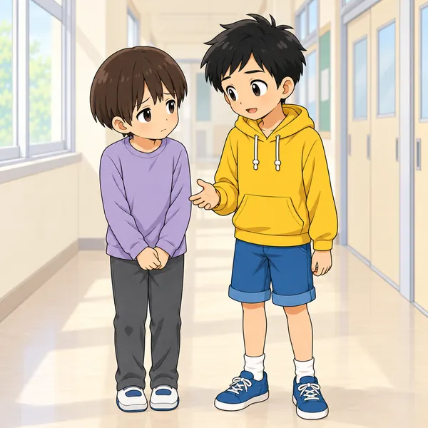 廊下。ハルがからかわれていた子に、あとから静かに声をかけている