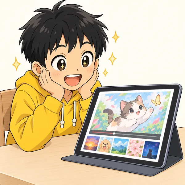 ハルがタブレットで、じょうずな人の作品動画を次から次へと見ている