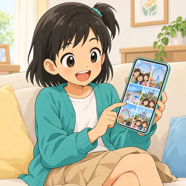 ミオがソファでスマホを見ている。画面には、友だちが遊園地や旅行で楽しそうにしている写真がたくさん並んでいる