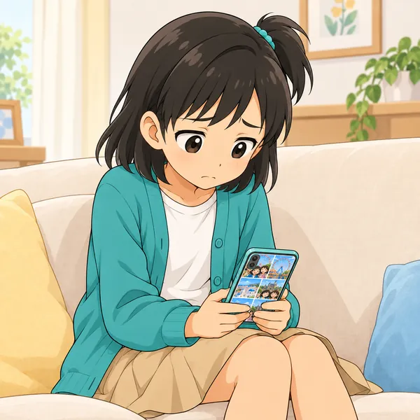 ミオが見続けるうちに表情がくもり、自分の休みの日がつまらなく思えてきて、うつむいている