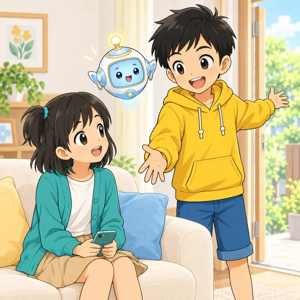 ハルとアイがミオを外へさそっている。ミオが顔を上げる