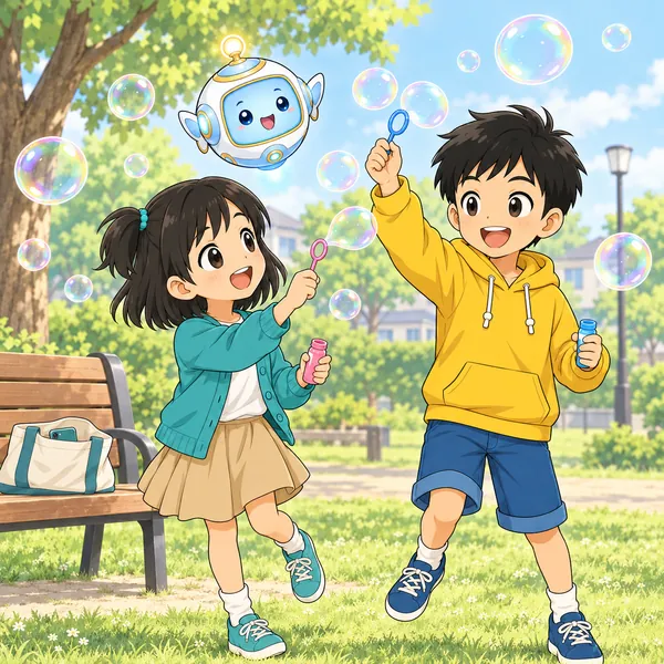 近所の公園。ミオとハルがシャボン玉をして、心から楽しそうに笑っている