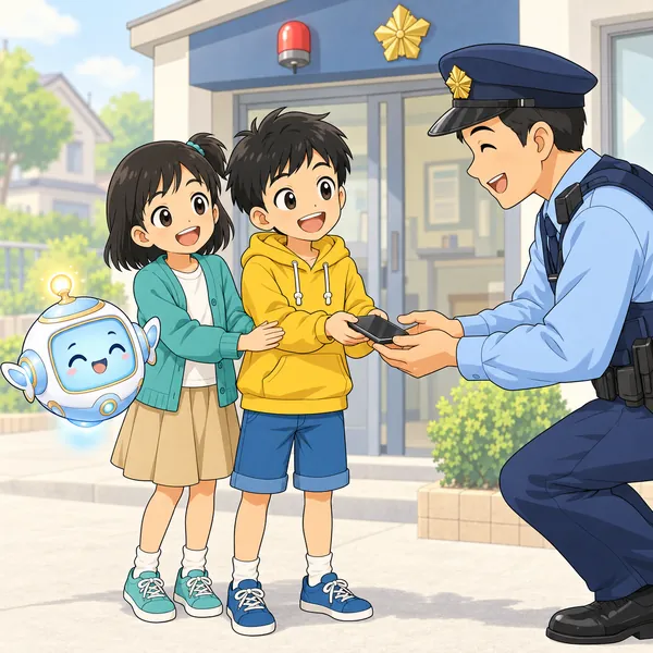 町の交番の前。ハルとミオが、やさしい警察官にスマホを両手で手わたしている