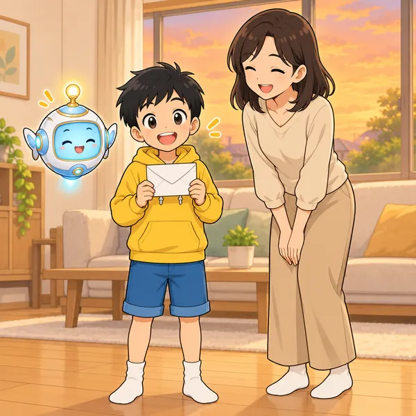 ハルが、おこづかいのふうとうを持ってうれしそうにしている。