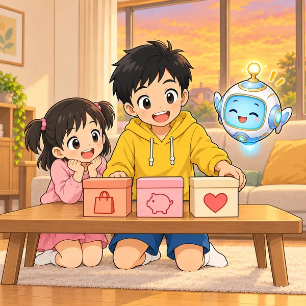 ハルが三つの箱を並べ、妹がのぞいている。