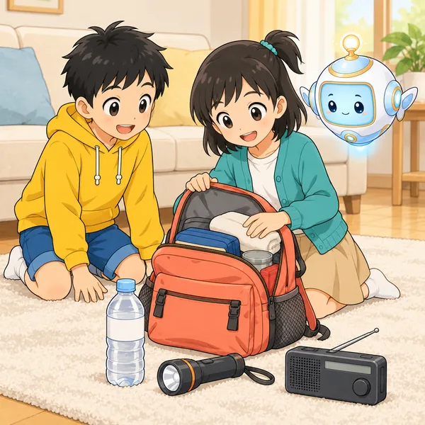 リビングの床に持ち出し袋と水やかい中電灯が広げられ、ミオが中身を確かめている。