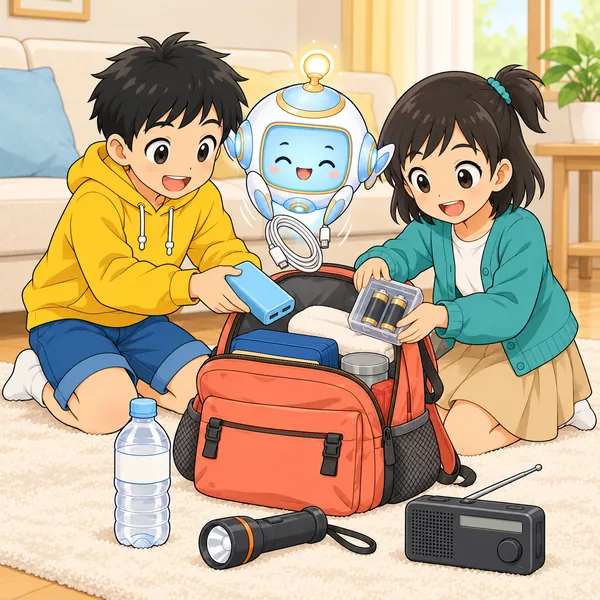 AIロボットがモバイルバッテリーとケーブルと乾電池を袋に入れ、ハルとミオが手伝っている。
