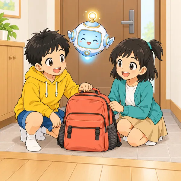 ハルとミオが持ち出し袋を閉じて玄関の近くに置き、にっこりしている。