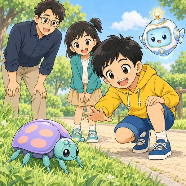 公園の小道で、ハルが見たことのない甲虫に手をのばしかけ、ミオとお父さんがそばにいる。
