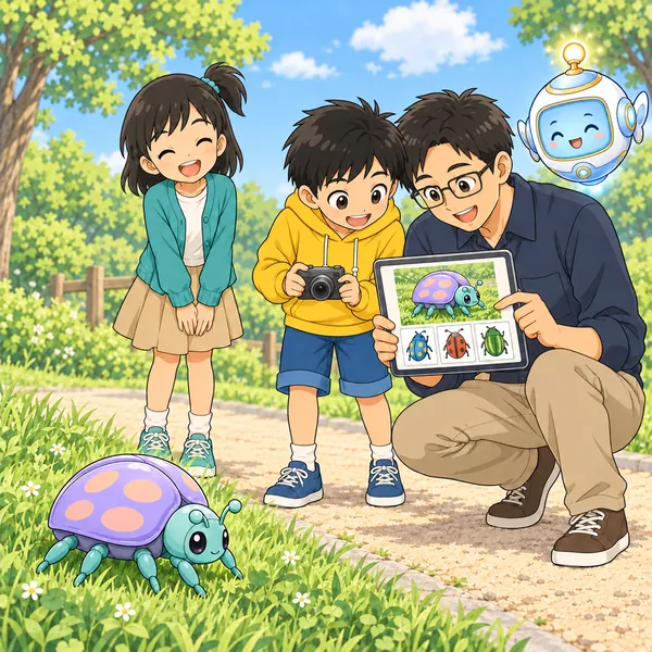 ハルが虫にさわらず写真を撮り、お父さんとタブレットで調べている。