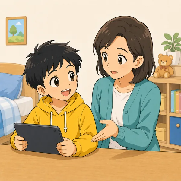 ハルがのせるのをやめて、となりにいるおうちの人(やさしい大人)に相談している