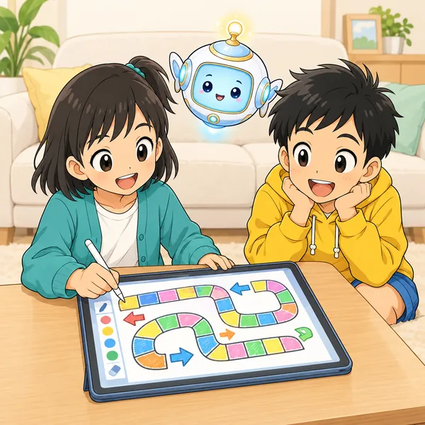 リビングで、ミオがタブレットのお絵かき道具ですごろくの絵を描き、ハルが見ている。