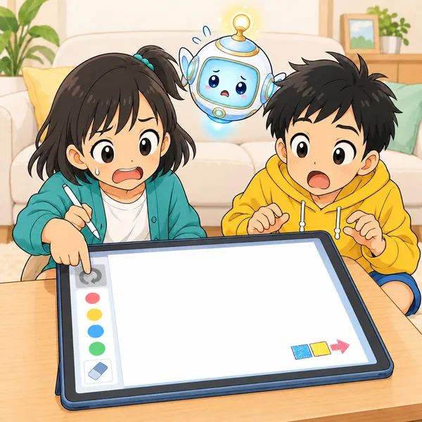 絵のほとんどを消してしまったミオが、反応しない戻るマークを押してあせっている。