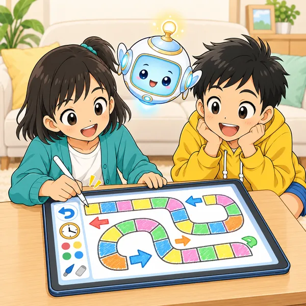 回る矢印と時計のマークがある道具ですごろくを描き直すミオを、ハルとAIロボットがのぞきこんで笑っている。