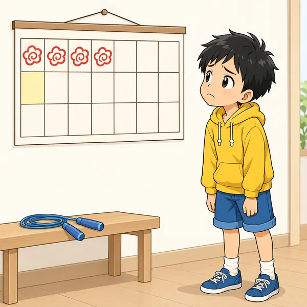 壁のカレンダー。前半には花丸の印が並び、途中で3日ぶん空白があいている