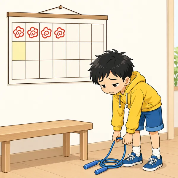 ハルが「もういいや」という顔で、練習道具を部屋のすみに置こうとしている