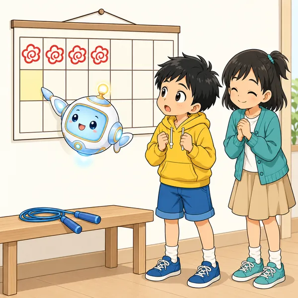 アイがハルのそばに浮かび、カレンダーの空白ではなく、その先の今日のマスをやさしく指さしている