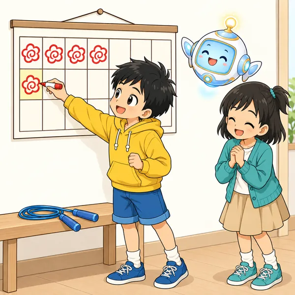 ハルが今日のマスに花丸を書きこみ、うれしそうな顔