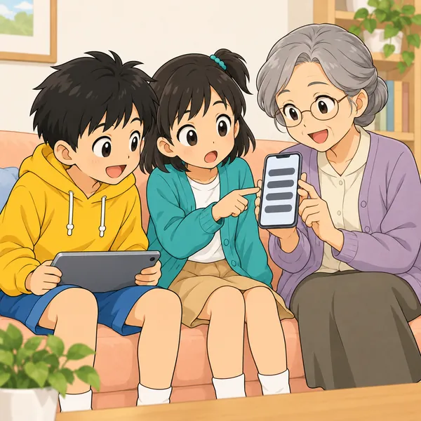 おばあちゃんが大きな文字のスマホ画面を見せ、ミオがおどろいて指さしている。