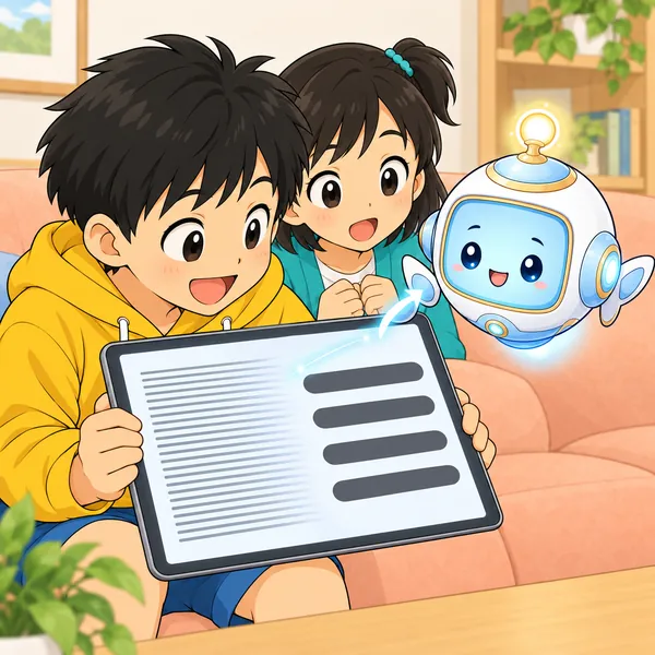 AIロボットが、画面の小さな文字が大きくなるようすを指で示している。