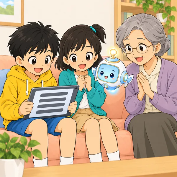 ハルがタブレットをはなして楽に読み、ミオとおばあちゃんが笑顔でうなずいている。