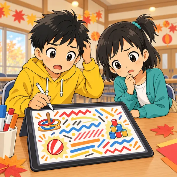 ミオが画面を見て首をかしげ、案内はちぐはぐに見えている。