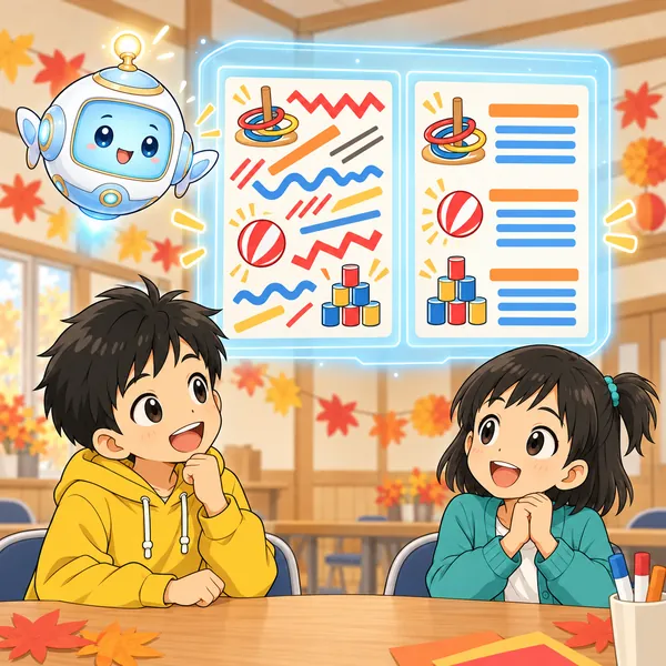 AIロボットが、ばらばらの字の形の案内と、2種類にそろえた案内をくらべる図を見せている。