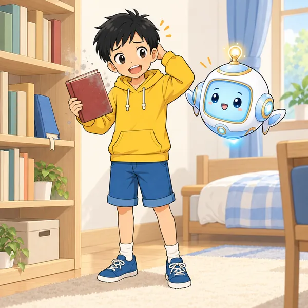 ハルが本棚の前で、毎日読むと決めた本のことを忘れていたと頭をかいている。