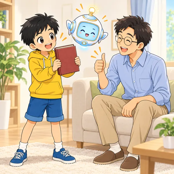 ハルが父に毎日一ページ読むと話し、父が親指を立てている。