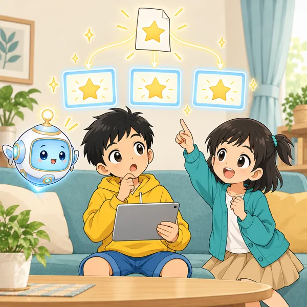 画面から光の線がのびて、全部が一つの投稿につながっている。