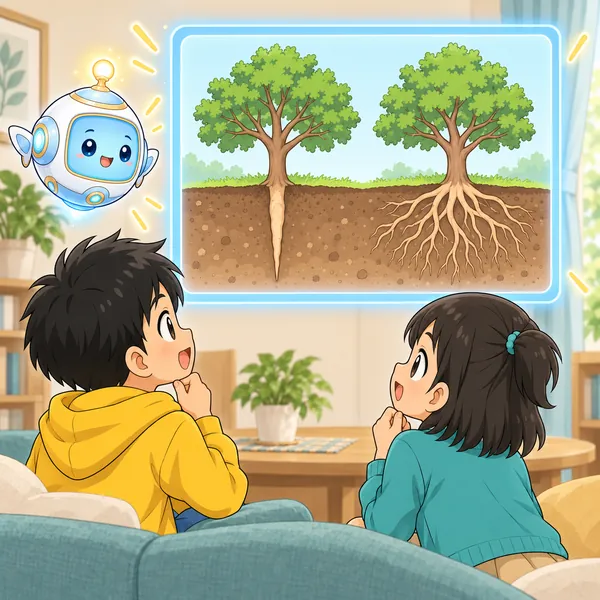 AIロボットが、根っこ一本の木と、根っこがたくさんある木を並べて見せている。
