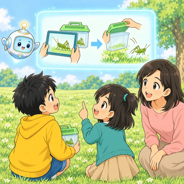 AIロボットが、バッタを撮ってから同じ草むらに返す絵を窓に見せている。