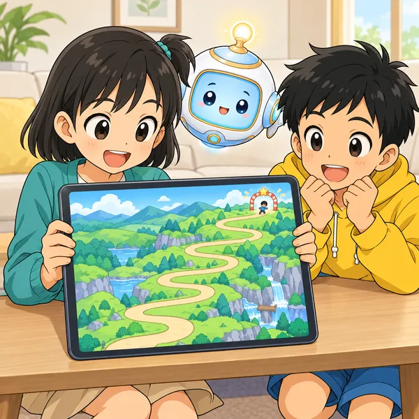 ミオがタブレットでハルの作った長い道のりのゲームを遊び、ハルが横で見ている。