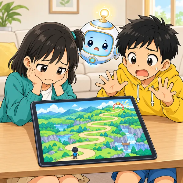 ゴール直前でやられて画面がスタートにもどり、ミオががっくりしている。