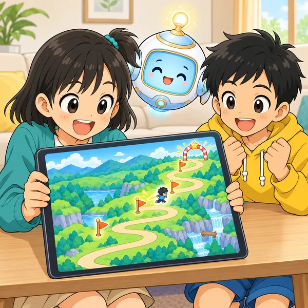 ミオがタブレットを持ち直してもう一度楽しそうに遊び、ハルとAIロボットもうれしそう。