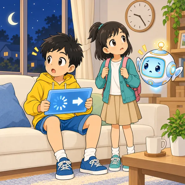 外が真っ暗になり、次の試合の待ち画面を見ながら、ハルがおどろいている。ミオもそばにいる。