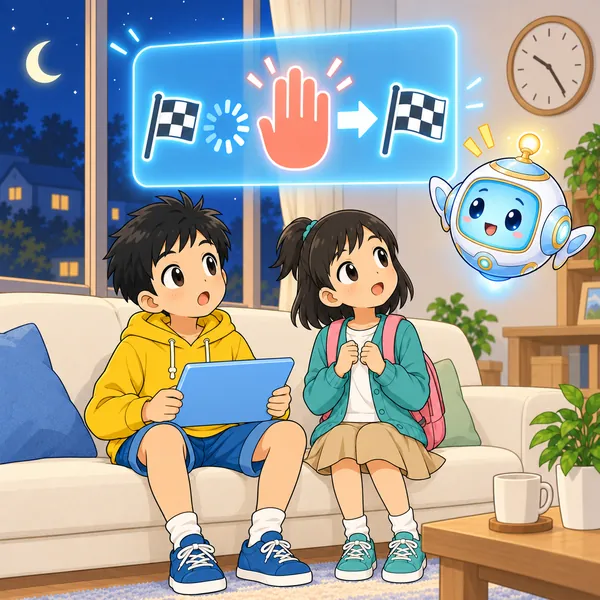 AIロボットが、試合から次の試合へつながる矢印と、止まるための手のマークを見せている。