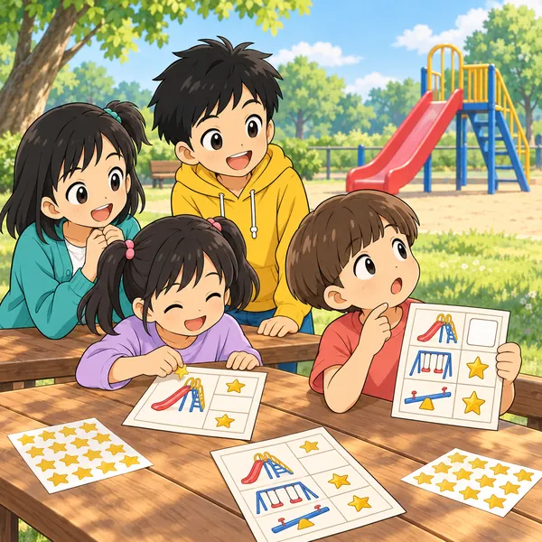 公園で遊具ごとに星シールをはるカードを持つ子どもたち。一人のカードはすべり台の欄が空いている。