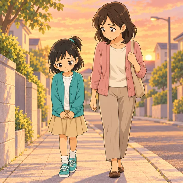 帰り道、ミオがうつむいて母と歩いている。