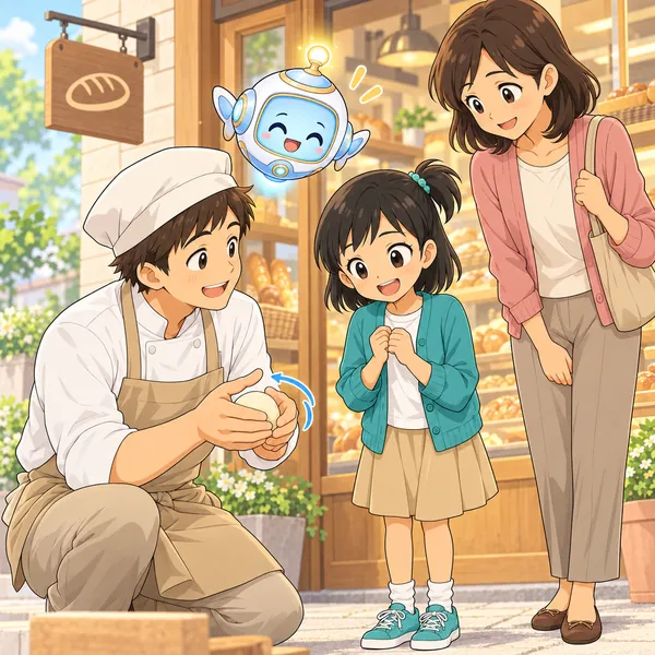 後日、店の大人がミオにやさしく理由を説明し、ミオがほっとしている。