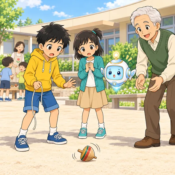 ハルのこまがころがり、そばにおじいさんが立っている。