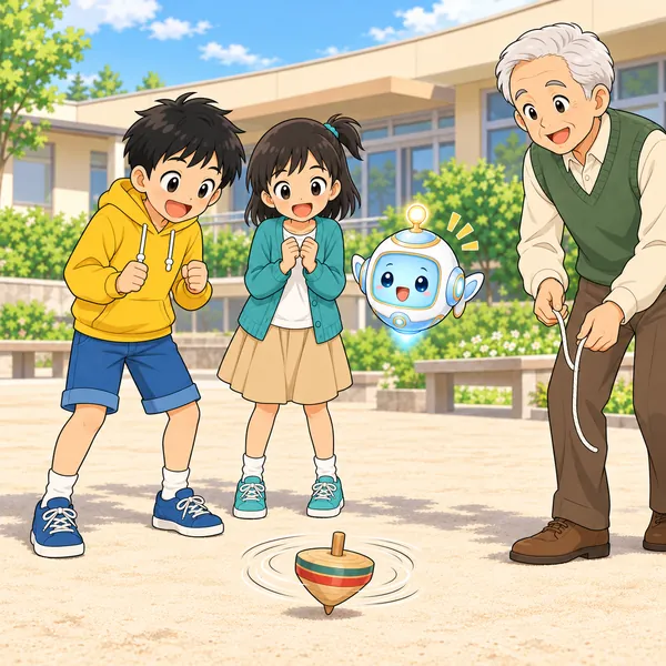 おじいさんのこまが回りつづけ、ハルとミオが見ている。