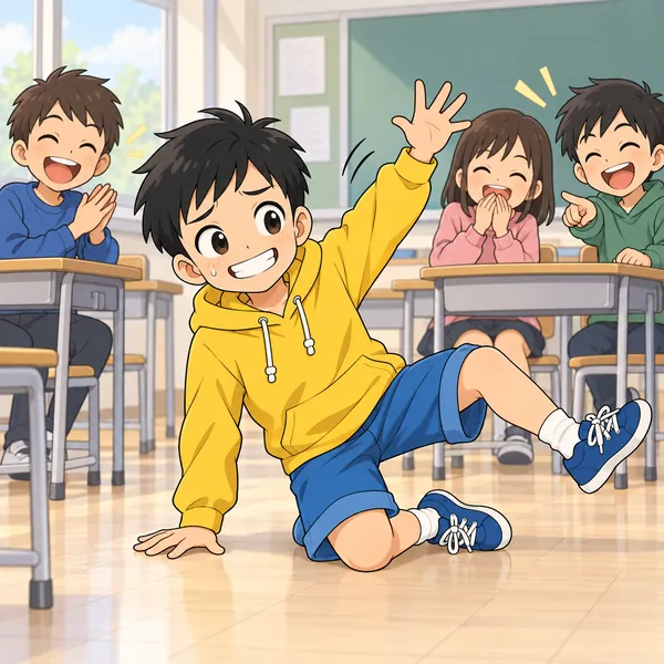 教室。ハルが大げさに転んでみせて、クラスの子たちが笑っている