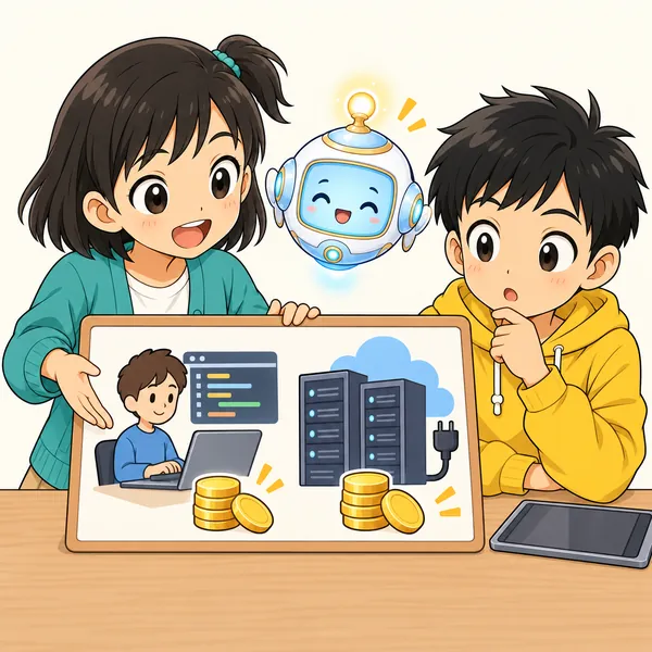 ミオが、作る人にも動かす機械にもお金がかかることを話している