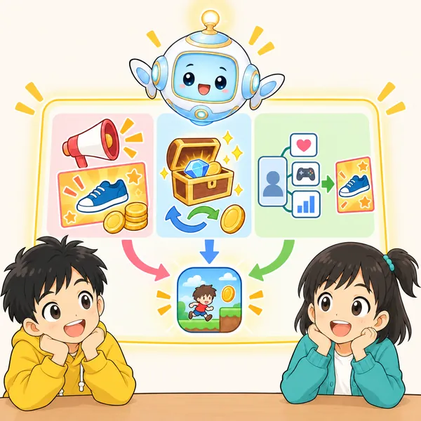 アイが、広告・アイテム課金・利用者の情報という三つの支え方を図で見せている