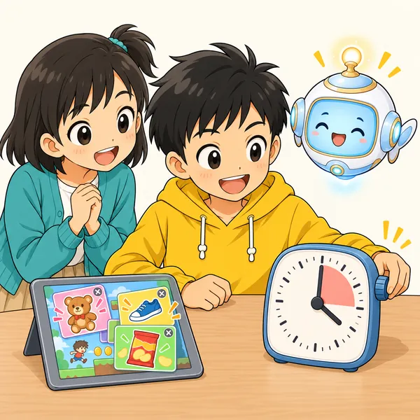 ハルが、広告の多いアプリを開く時間を自分で決めて、時計を見ている